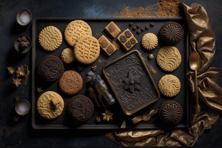 biscuits on baking tray with gold decoration brownies and cookies, created with generative aiの素材