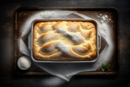 freshly baked bread crust on baking tray for breakfast, created with generative aiの素材