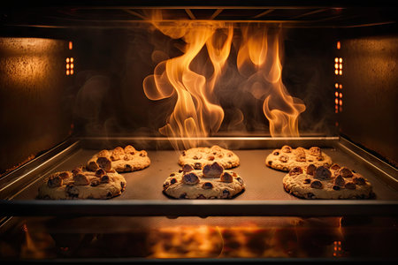 homemade cookies on baking tray in oven on fire, created with generative aiの素材