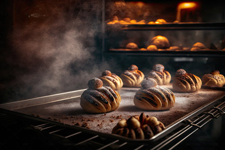 pastries baked in oven on baking tray on blurry background, created with generative aiの素材