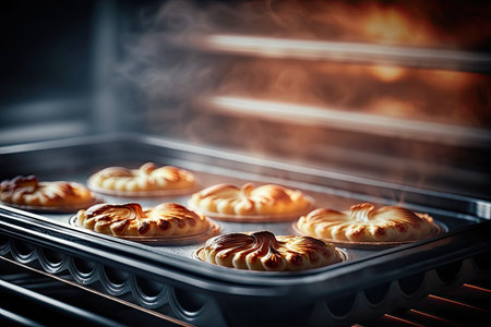 pastries baked in oven on baking tray on blurry background, created with generative aiの素材