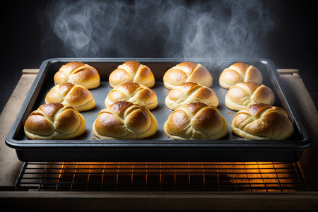 sweet crunchy buns baking in oven on baking tray, created with generative aiの素材