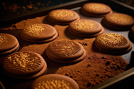 stacks of golden brown cookies soaked in chocolate on baking tray, created with generative aiの素材