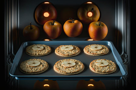 apples and oatcakes baked on baking tray in oven, created with generative aiの素材