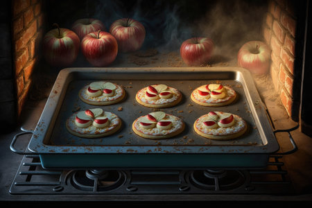 apples and oatcakes baked on baking tray in oven, created with generative aiの素材