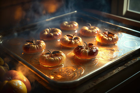 apples on baking tray with caramelized sugar cooked in oven, created with generative aiの素材