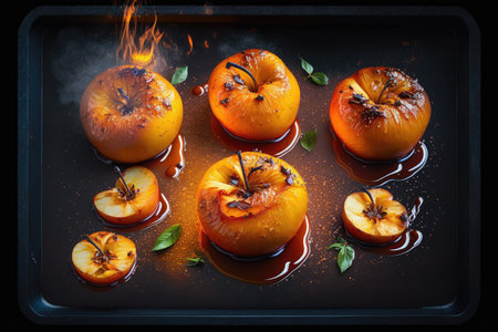 apples on baking tray with caramelized sugar cooked in oven, created with generative aiの素材