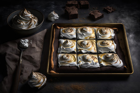 baked brownies with meringue on baking tray, created with generative aiの素材