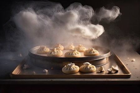 fat cakes baked on baking tray in gentle fragrant smoke, created with generative aiの素材