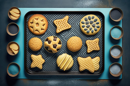 baked cookies in shapes and patterns on baking tray for breakfast, created with generative aiの素材
