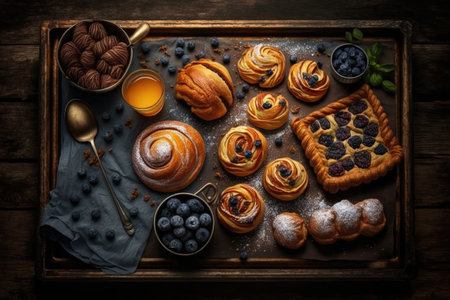 baked delicious pastries on baking tray for breakfast, created with generative aiの素材