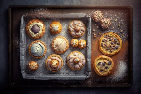 baked delicious pastries on baking tray for breakfast, created with generative aiの素材