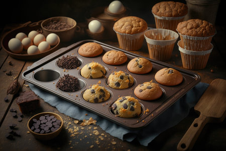 baked muffins and cookies with cooling baking tray on table, created with generative aiの素材