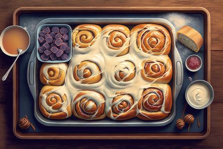 tray of cinnamon rolls and other sweet pastries for breakfast, created with generative aiの素材