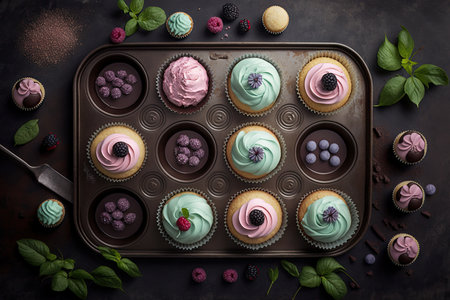 filled cupcakes on baking tray for dessert, created with generative aiの素材