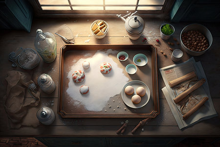 baking tray on kitchen table for food preparation, created with generative aiの素材