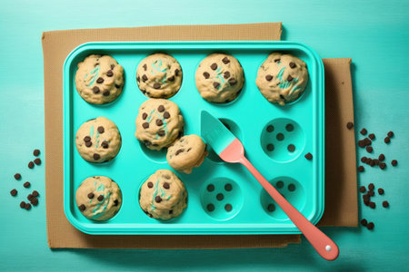 cookies baking tray on turquoise background for diet, created with generative aiの素材
