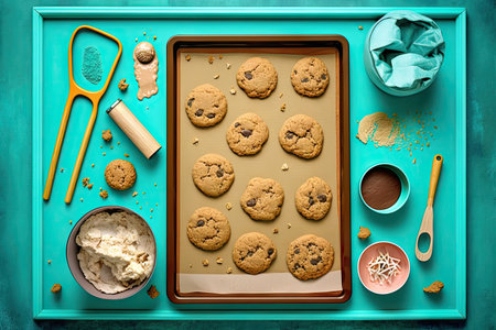 cookies baking tray on turquoise background for diet, created with generative aiの素材
