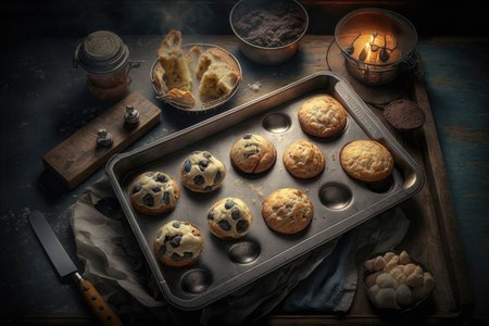homemade muffins and biscuits baked in oven on baking tray, created with generative aiの素材