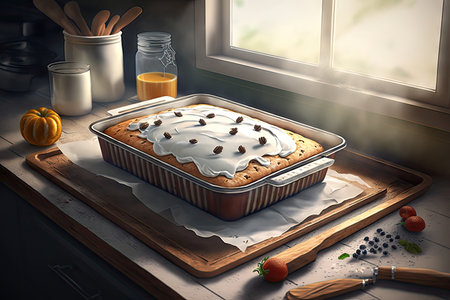 baked cake on baking tray for dessert for breakfast with cream, created with generative aiの素材