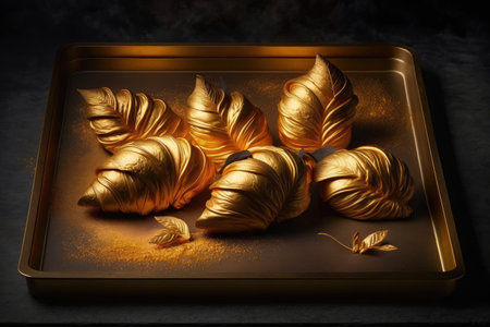 golden croissants on baking tray for breakfast, created with generative aiの素材