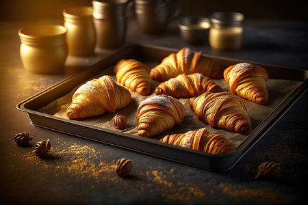 golden croissants on baking tray for breakfast, created with generative aiの素材