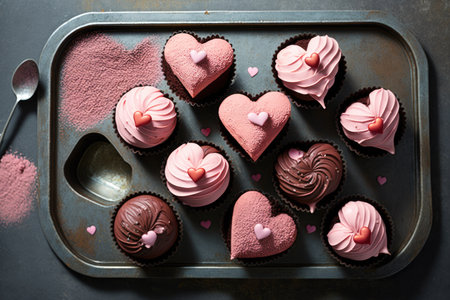 cupcakes on baking tray in shape of heart for romantic occasion, created with generative aiの素材
