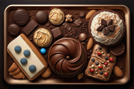 chocolate cake, cookies and pastries baking tray, created with generative aiの素材