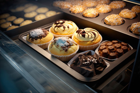 baking tray with cake, muffins and pastries in section of bakery bake sale counter, created with generative aiの素材