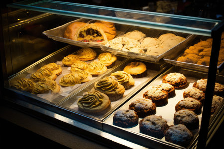 baking tray with cake, muffins and pastries in section of bakery bake sale counter, created with generative aiの素材