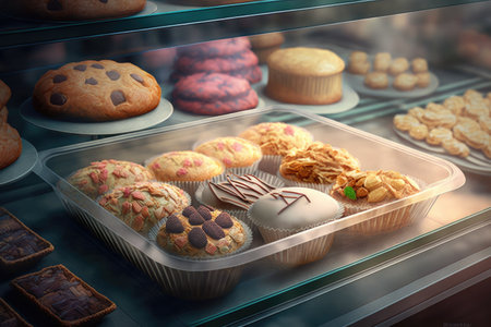baking tray with cake, muffins and pastries in section of bakery bake sale counter, created with generative aiの素材
