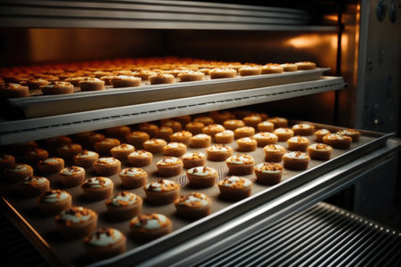 rows of cupcakes baked and dried in oven on baking tray, created with generative aiの素材