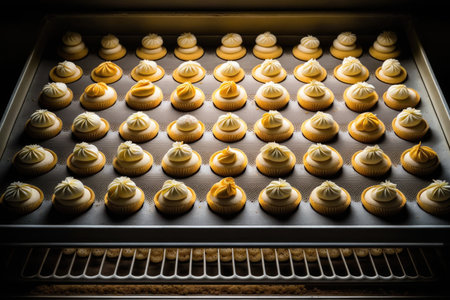 rows of cupcakes baked and dried in oven on baking tray, created with generative aiの素材