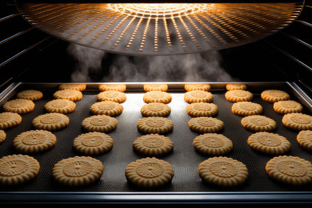 lots of round biscuits on baking tray in oven, created with generative aiの素材