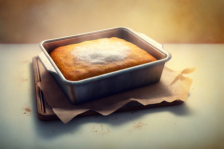baked cake on baking tray on soft beige background, created with generative aiの素材