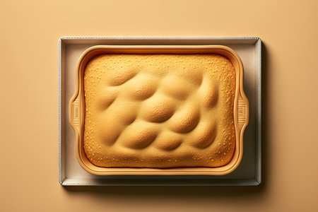 baked cake on baking tray on soft beige background, created with generative aiの素材