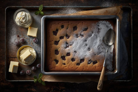 batch of cake baked on baking tray for easy homemade dessert, created with generative aiの素材