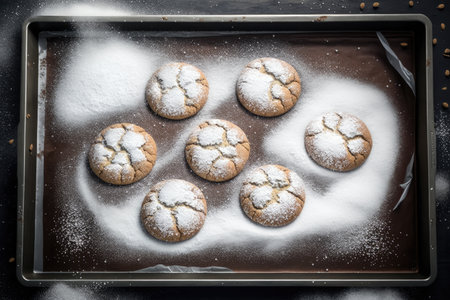 baking tray with delicious cookies sprinkled with powdered sugar, created with generative aiの素材