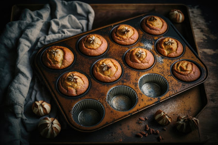 baking tray with golden brown skin baked muffins, created with generative aiの素材
