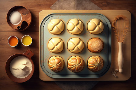 ready for baking tray with buns for homemade breakfast, created with generative aiの素材