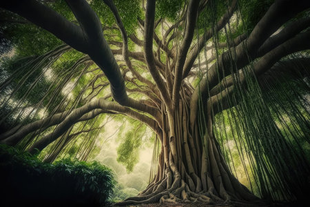 majestic tree with thick canopy and trunks of bamboo forest, created with generative aiの素材