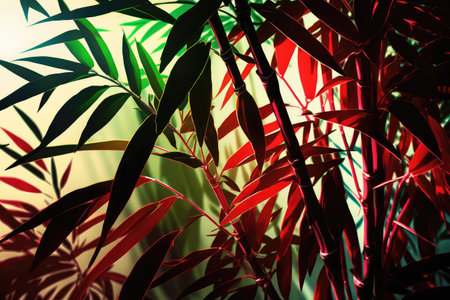 close-up of red and green bamboo trees, with sunlight filtering through the leaves, created with generative aiの素材