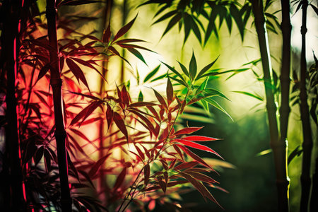 close-up of red and green bamboo trees, with sunlight filtering through the leaves, created with generative aiの素材