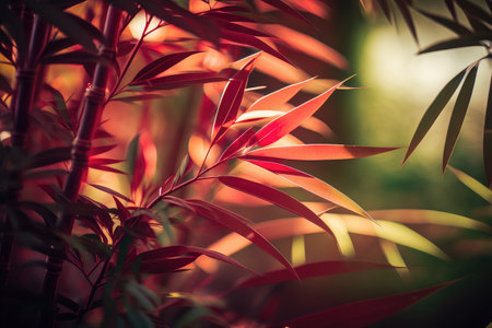 close-up of red and green bamboo trees, with sunlight filtering through the leaves, created with generative aiの素材