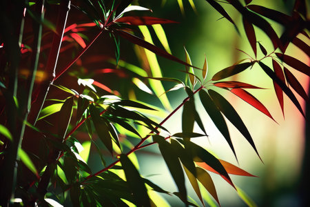 close-up of red and green bamboo trees, with sunlight filtering through the leaves, created with generative aiの素材