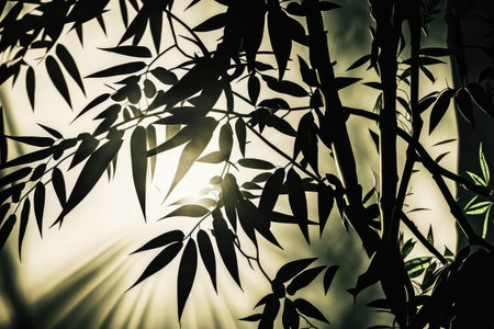 close-up of bamboo tree, with sunlight filtering through the branches, created with generative aiの素材