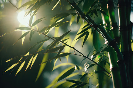 close-up of bamboo tree, with sunlight filtering through the branches, created with generative aiの素材
