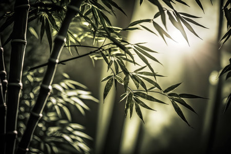 close-up of bamboo tree, with sunlight filtering through the branches, created with generative aiの素材