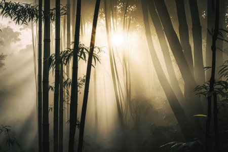 morning mist over bamboo forest, with sunrise breaking through the clouds, created with generative aiの素材