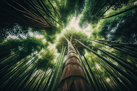 giant bamboo tree towering over lesser trees and plants, created with generative aiの素材